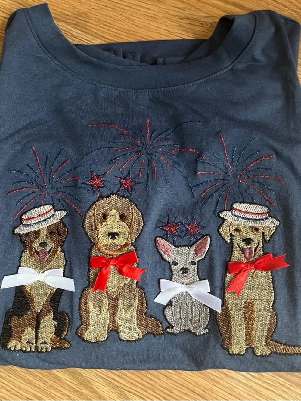 Women’s Navy Blue Short Sleeve Tee with Festive Embroidered Dogs